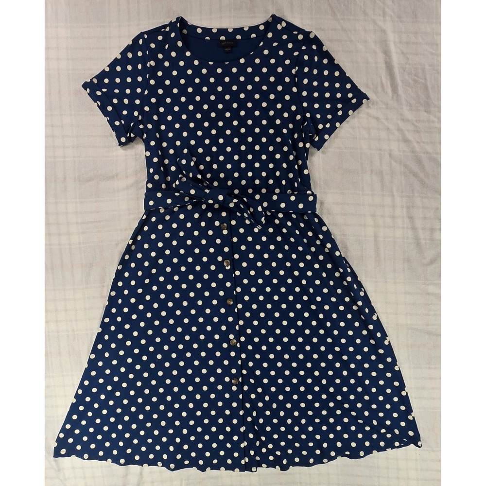 J. Jill Wearever Collection Belted Midi Dress Retro Atlantic Blue Polka Dots L